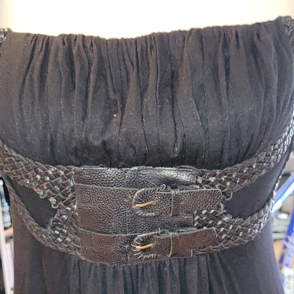 Vintage Leather Trimmed Long Dress Poly Spandex Cotton Size 8-10 - Picture 8 of 10